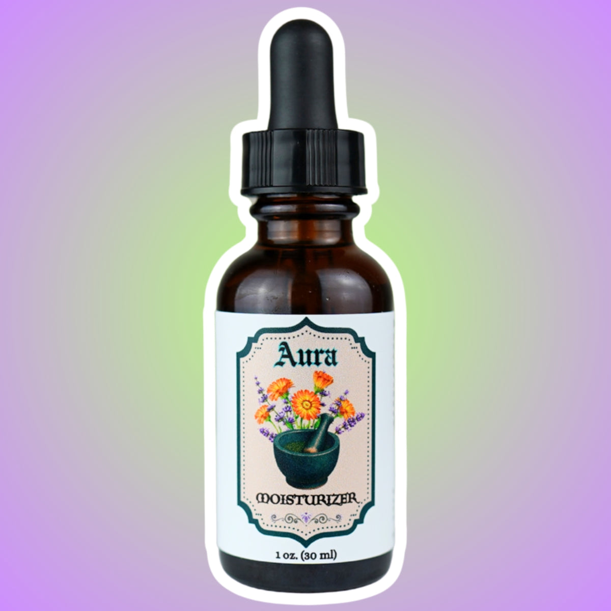 Aura fragrance-free moisturizer in a 1 oz amber dropper bottle, label shows calendula and lavender in a mortar and pestle