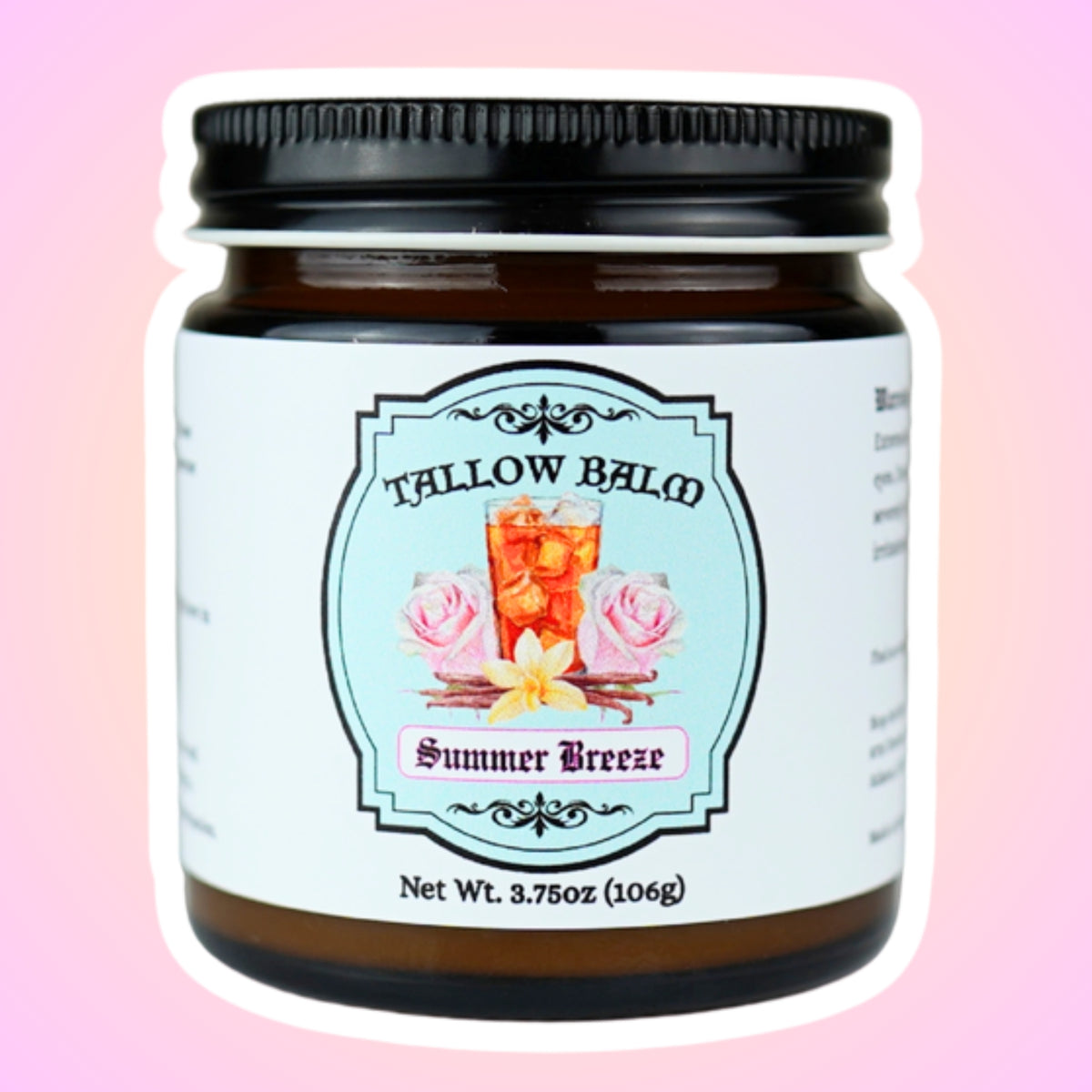 Summer Breeze tallow balm in an amber glass jar, label shows iced tea with pink roses and a vanilla flower