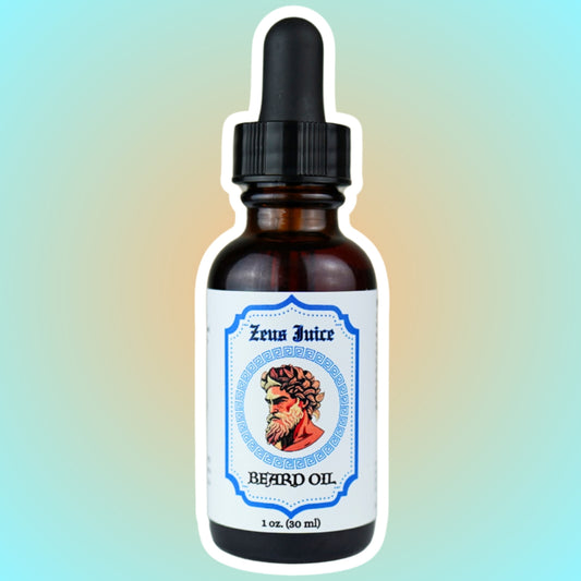 Zeus Juice beard oil in a 1 oz amber dropper bottle, label shows a Greek god portrait in a blue key-pattern border